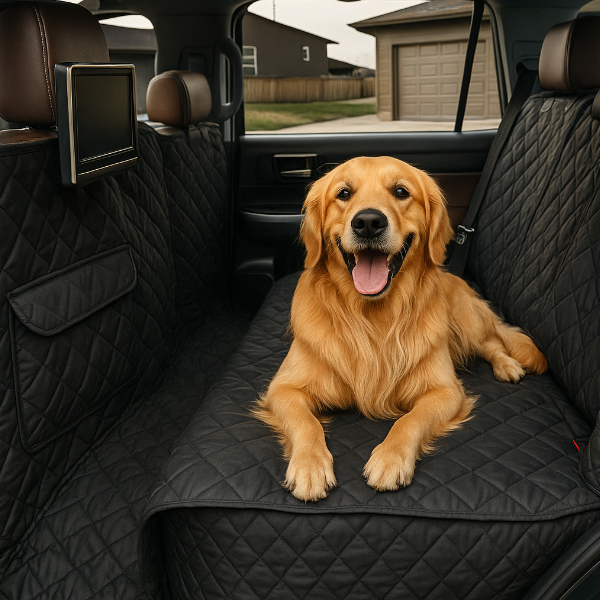 XX-Large pet seat cover in truck with dog, quilted black fabric, durable and washable, provides full coverage for large vehicles.