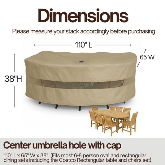 Patio Set Cover For Oval or Rectangular Table 110"L x 65"W x 38"H Classic Taupe