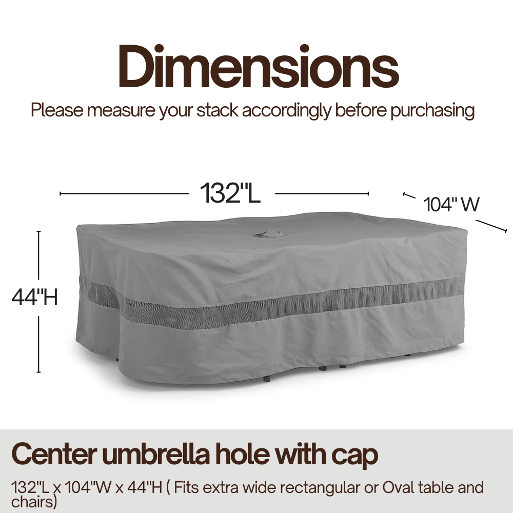 Patio Set Cover For Rectangular or Oval Table 132"L x 104"W x 44"H Extra Wide Reserve Grey
