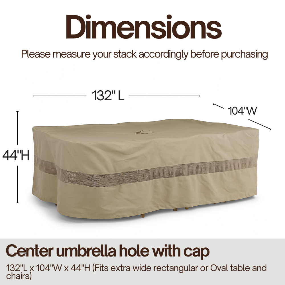 Patio Set Cover For Rectangular or Oval Table 132"L x 104"W x 44"H Extra Wide Classic Taupe