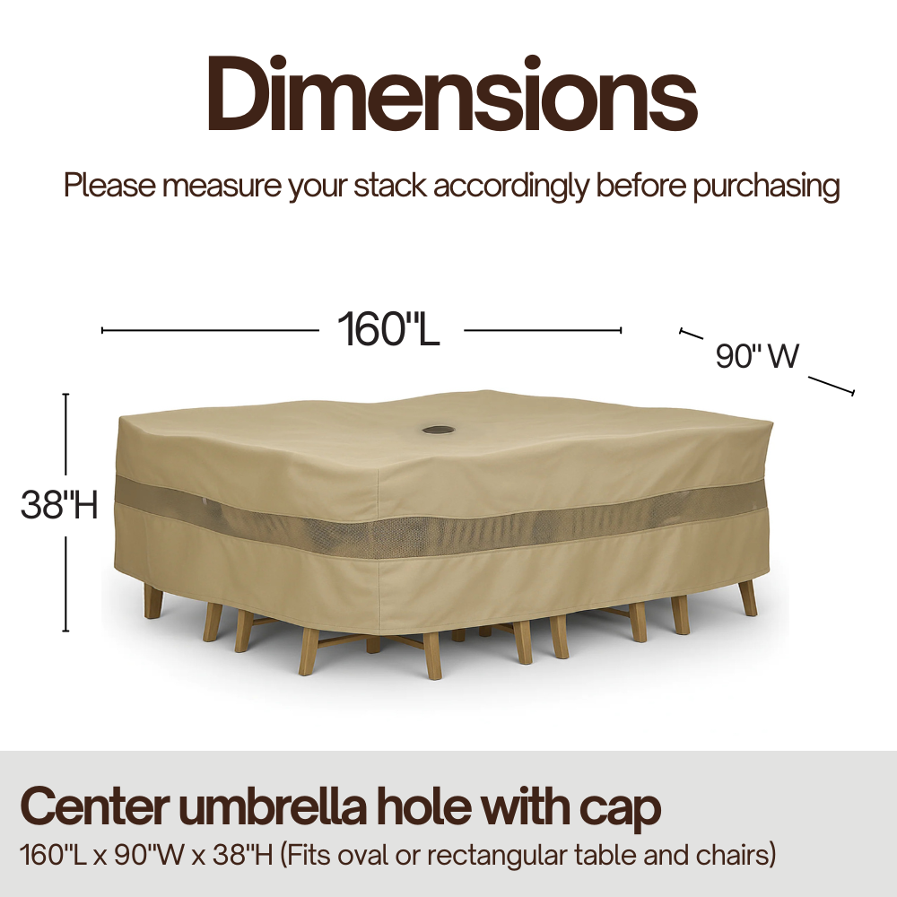 Patio Set Cover For Rectangular or Oval Table 160"L x 90"W Ultra Large with Umbrella Hole