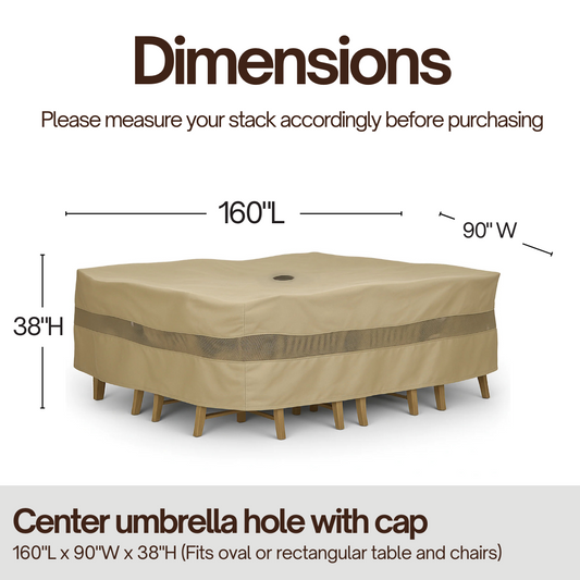 Patio Set Cover For Rectangular or Oval Table 160"L x 90"W Ultra Large with Umbrella Hole