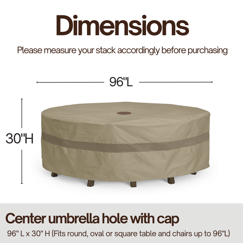 Patio Set Cover For Round or Square Table & Chairs 96"Dia./L x 30"H with Umbrella Hole Classic Taupe - Formosa Covers