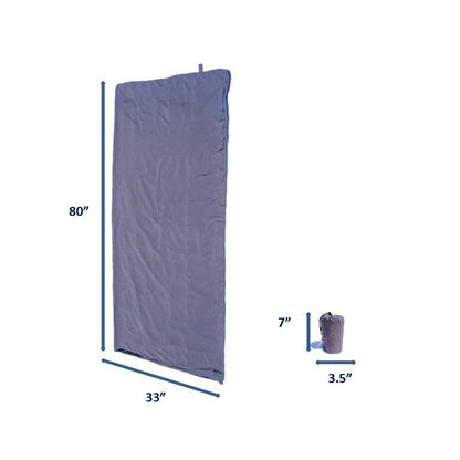 A blue sleeping bag, measuring 80 inches in length and 33 inches in width, is displayed unrolled on the left. To the right, the same sleeping bag is shown rolled into a compact size, along with a Formosa Covers Sleeping Bag Liner Hiking Camping Hostel Travel Sack Sheet, Rectangular with Zipper 80"L, measuring 7 inches in height and 3.5 inches in diameter.