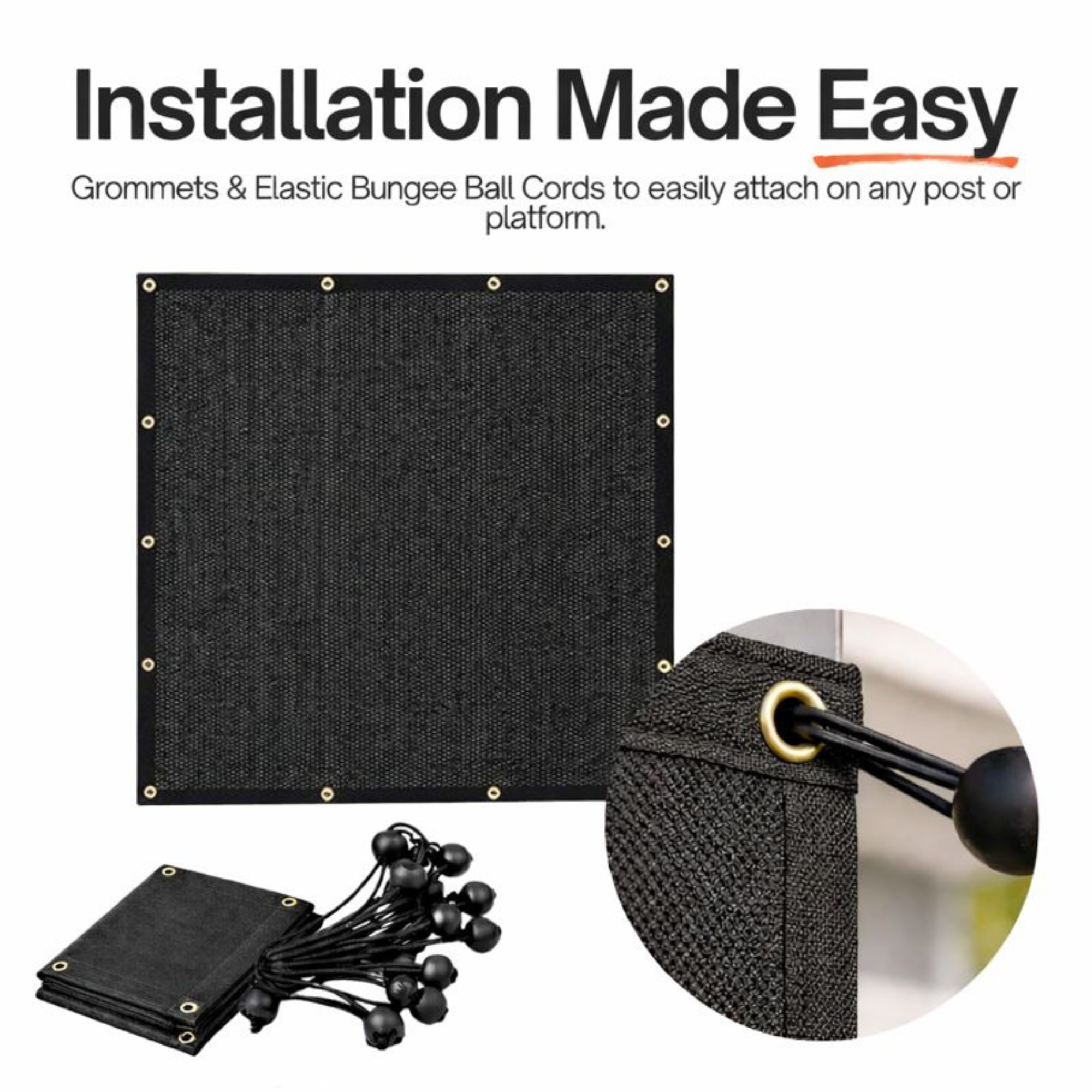 Sun Shade Screen Mesh Panel (10' x 10') with Grommets for Patio, Balconies, Gazebo & Pergola (Black Panel ONLY with Cords)