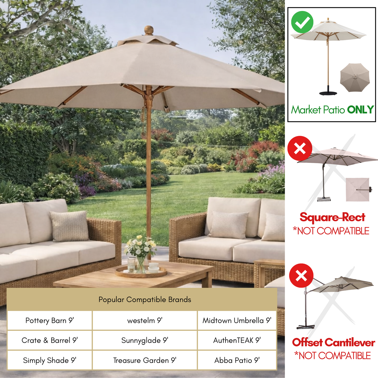 9ft Market Patio Umbrella 8 Rib Replacement Canopy Taupe - Formosa Covers