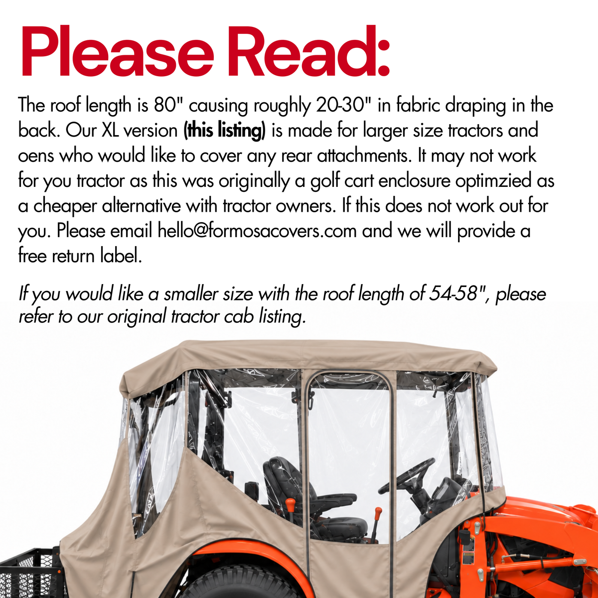 XL Tractor Enclosure Cab for Cold Weather & Rain Protection [ XL – 80" Roof (Operator + Rear Attachment Coverage ]