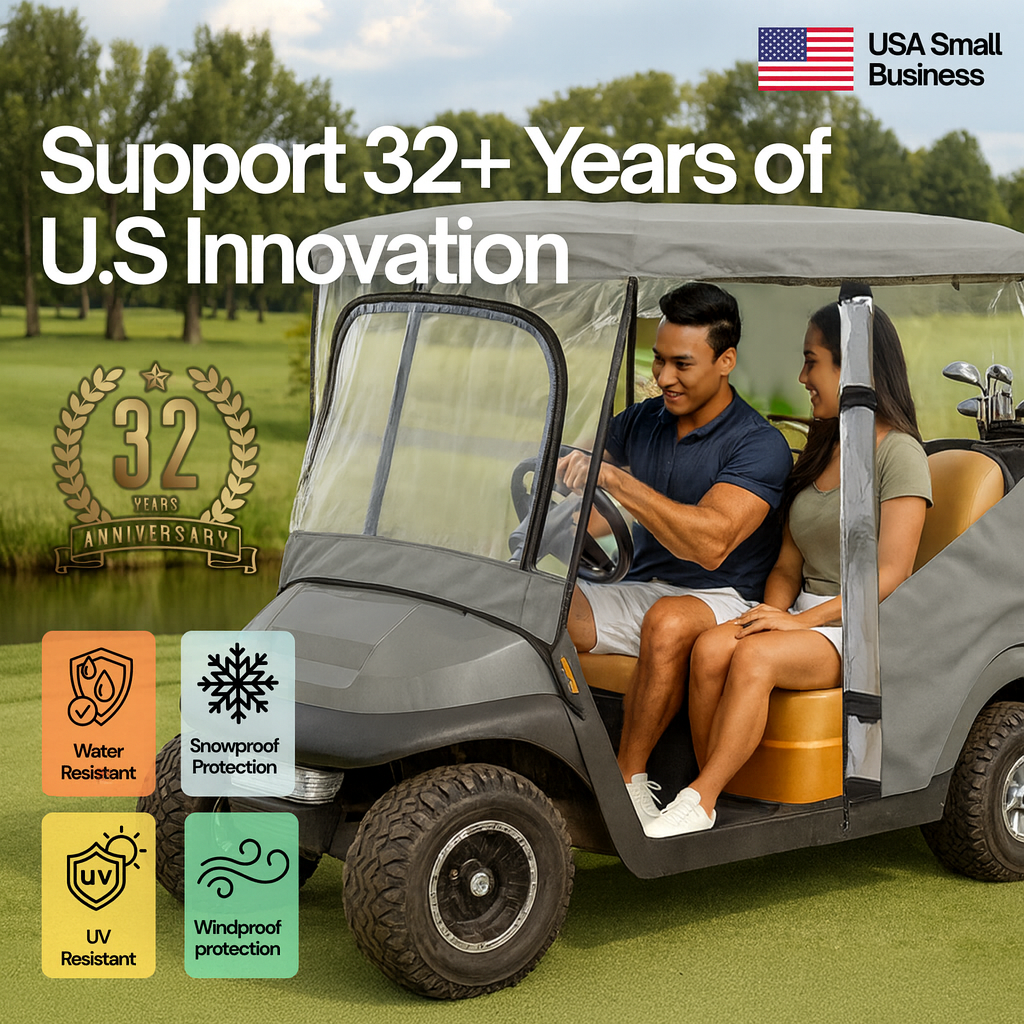 Two people in a golf cart with promotional text about U.S. innovation and product features.

