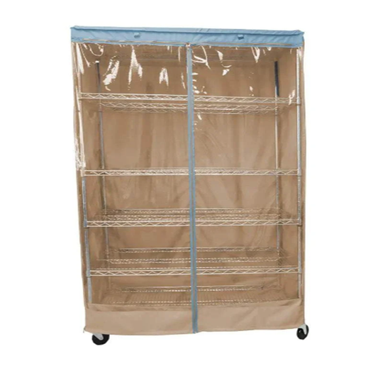 Storage shelving unit cover, khaki with blue trim, see-through panel, fits 36" rack.