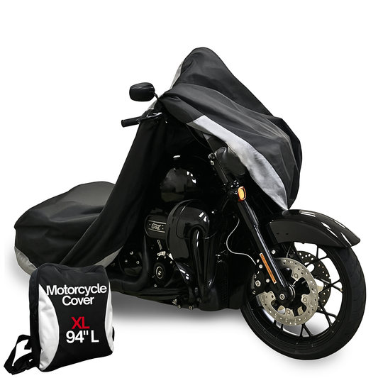 Deluxe XL black motorcycle cover protecting bike with water-resistant, UV-treated polyester fabric and vents.