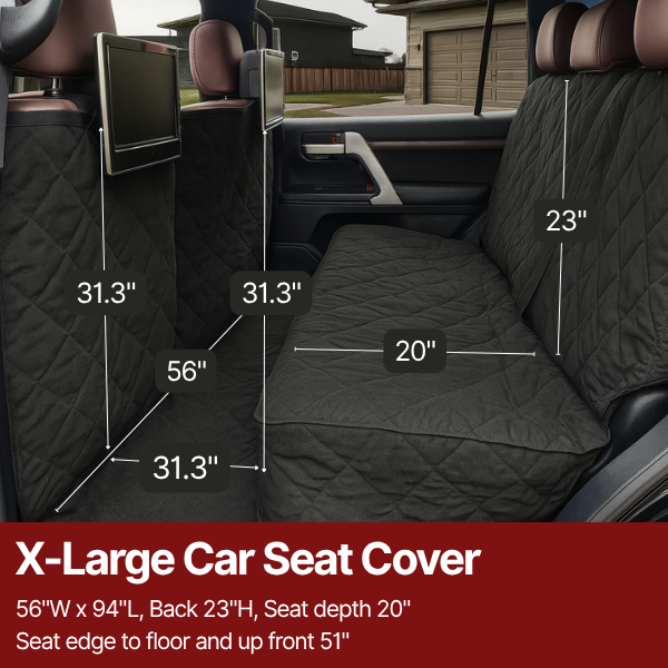 X-Large black car seat cover for pets, 56" wide, protects against dirt and scratches, quilted polyester, easy installation.