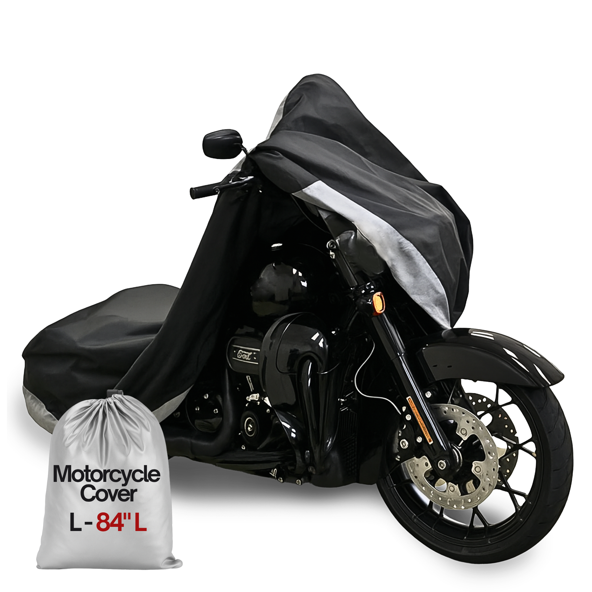 Black lightweight all season motorcycle cover with water resistance and UV protection, size large 84 inches length