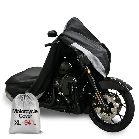 Lightweight XL motorcycle cover with cable lock fits 94" length medium cruiser and large sport bikes, weather-resistant protection.