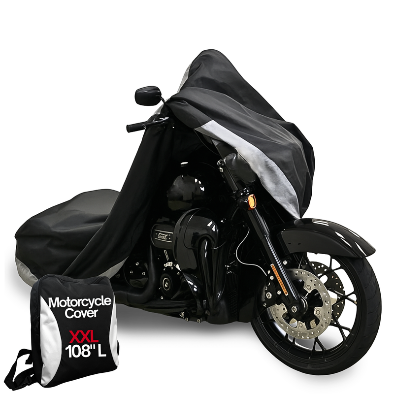 XXL black and silver lightweight all-season motorcycle cover on large black sport bike with carry bag labeled Motorcycle Cover XXL 108"L