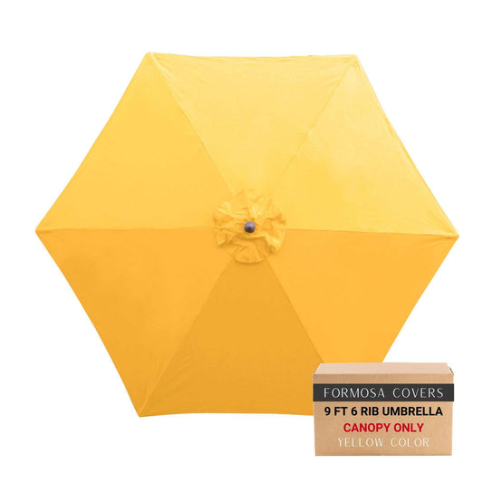 9ft yellow olefin market patio umbrella replacement canopy with 6 ribs, UV-treated and water-repellent.