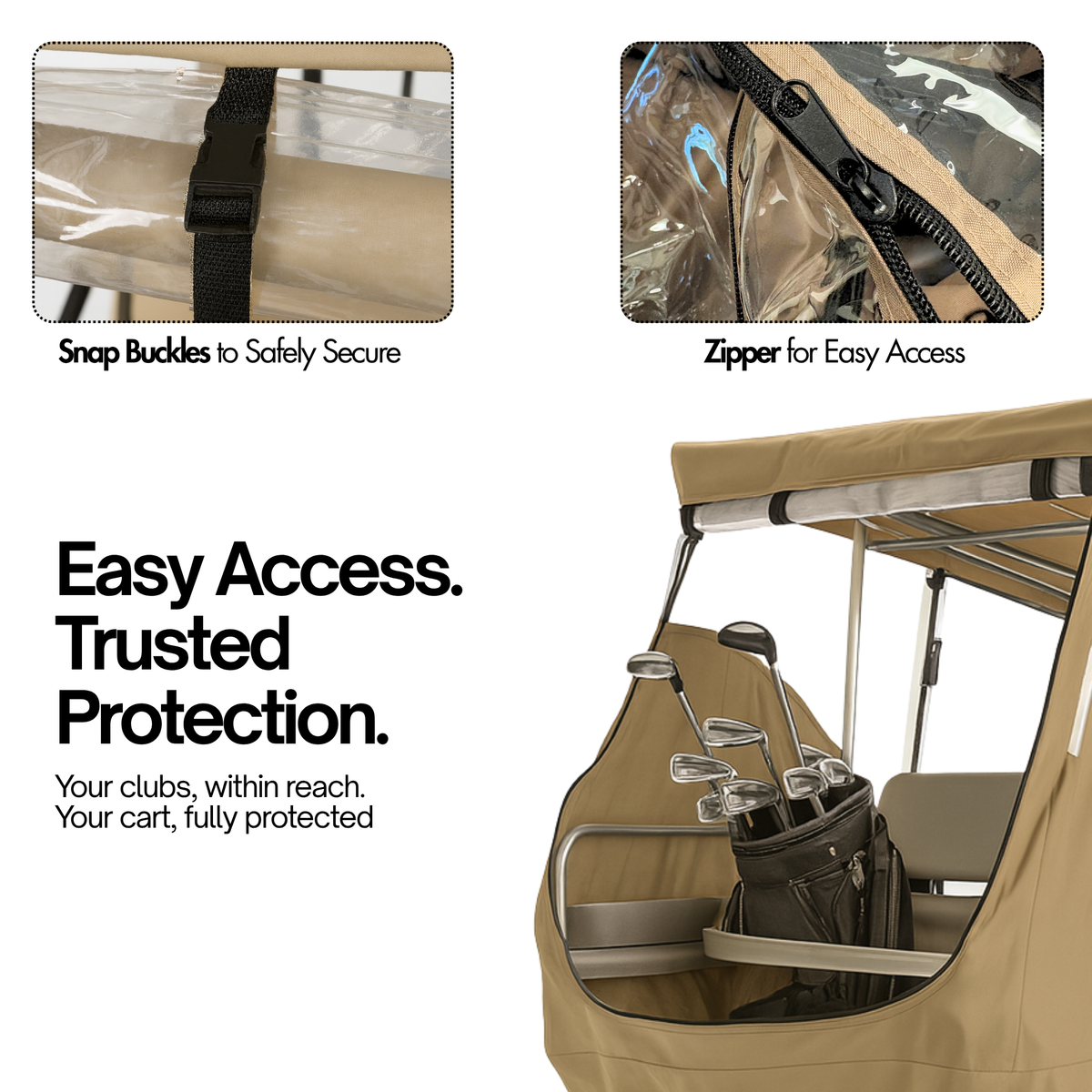 2 Passenger Driveable Golf Cart Enclosure Golf Cart Rain Cover YKK Door Zippers - Taupe