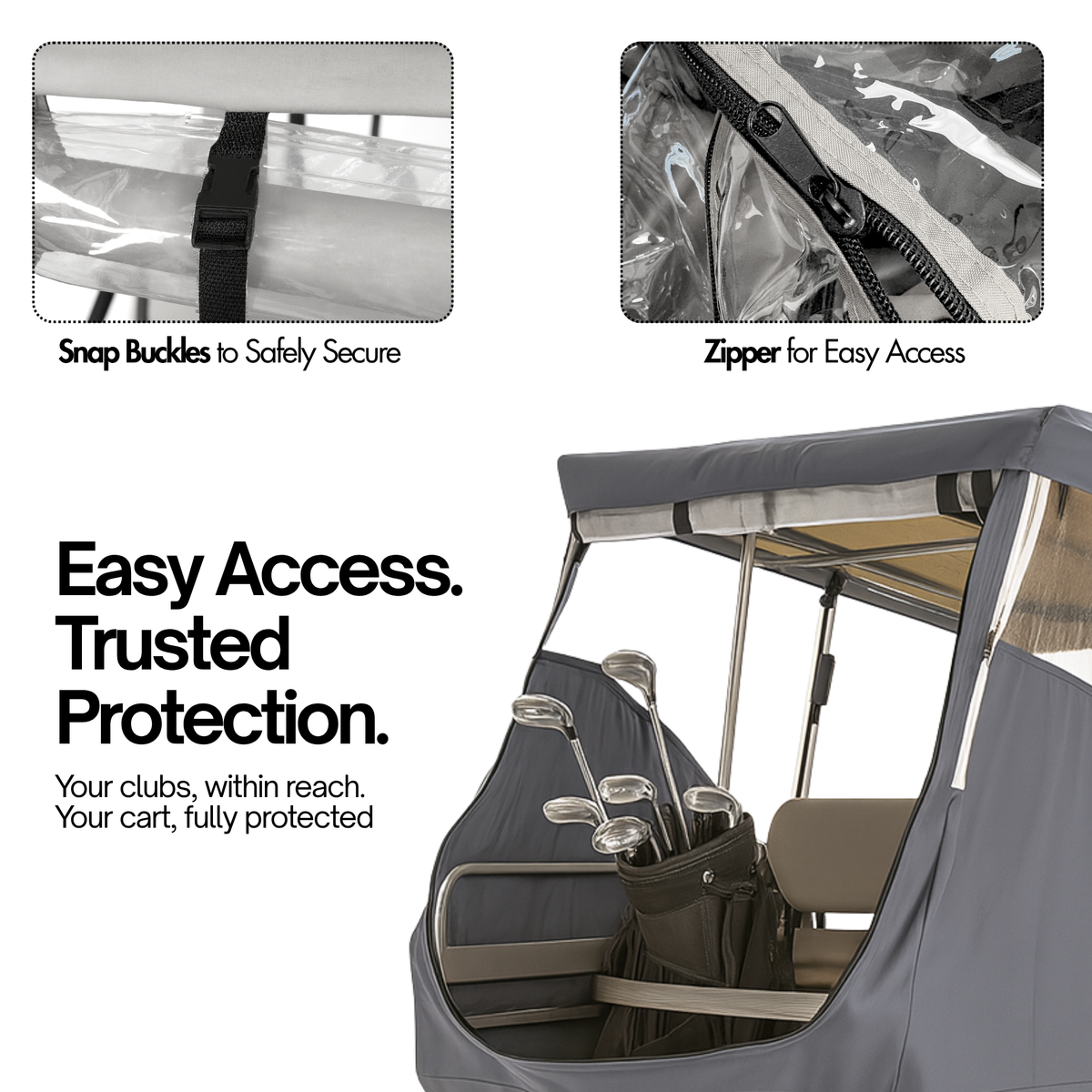 2 Passenger Driveable Golf Cart Enclosure Golf Cart Rain Cover YKK Door Zippers - Grey