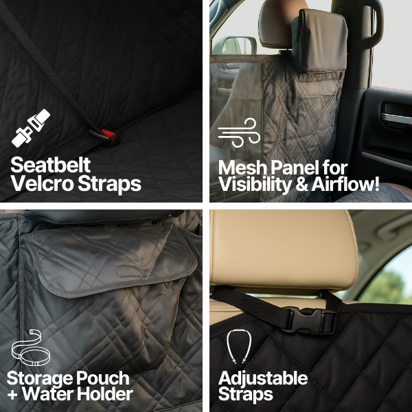 XX-Large pet seat cover for trucks and SUVs with velcro straps, mesh panel, storage pouch, adjustable straps.