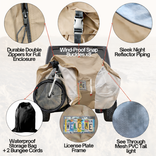 Dual Bike Rack Cover For Transport (Fits 1-2 Bicycles) Large Translucent Ends with License Plate Holder - SAND COLOR - Formosa Covers