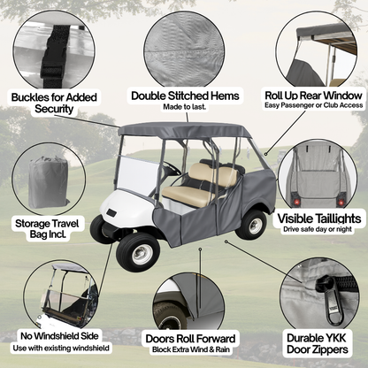 2+2 Passenger 3 Sided Driveable Golf Cart Enclosure for Short Roof 58"L Open Front - Grey