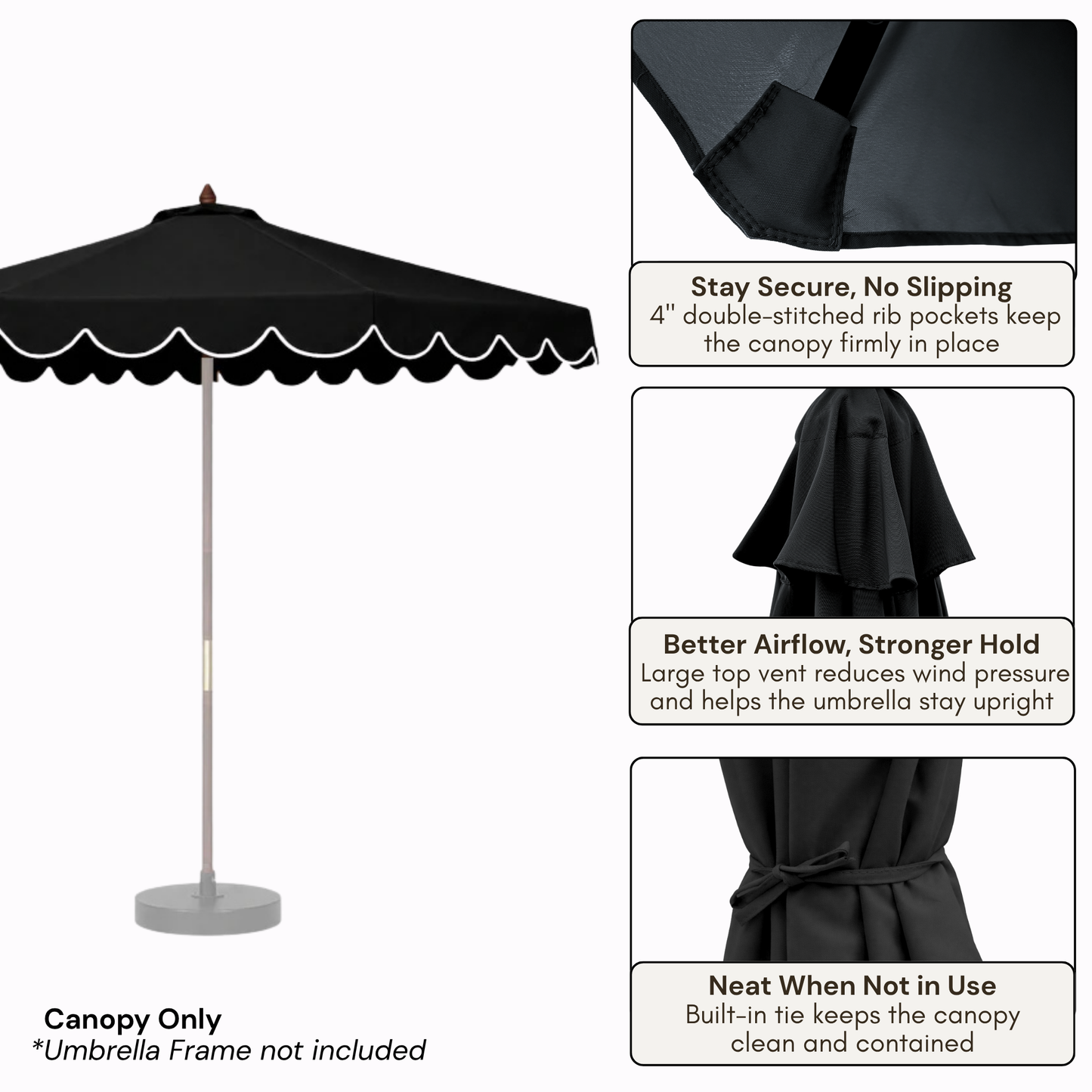 9ft 8 Rib Replacement Umbrella Canopy with Scallops in Black - Formosa Covers
