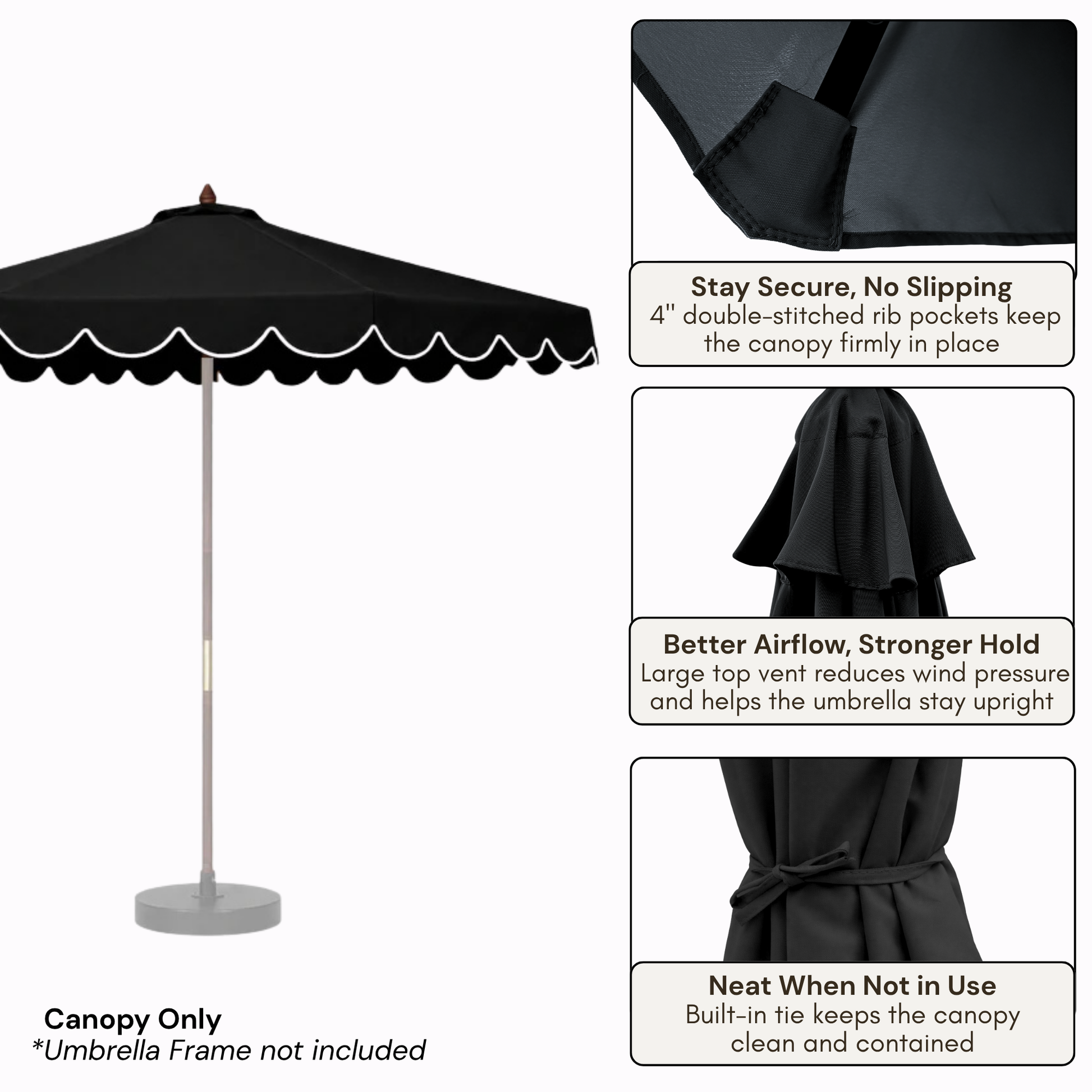 9ft 8 Rib Replacement Umbrella Canopy with Scallops in Black - Formosa Covers