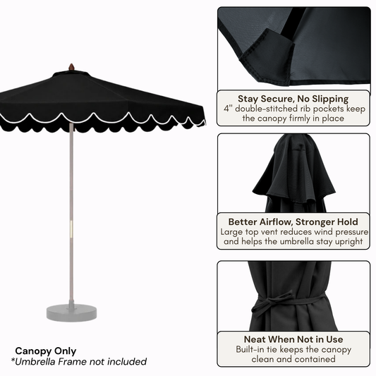 9ft 8 Rib Replacement Umbrella Canopy with Scallops in Black - Formosa Covers