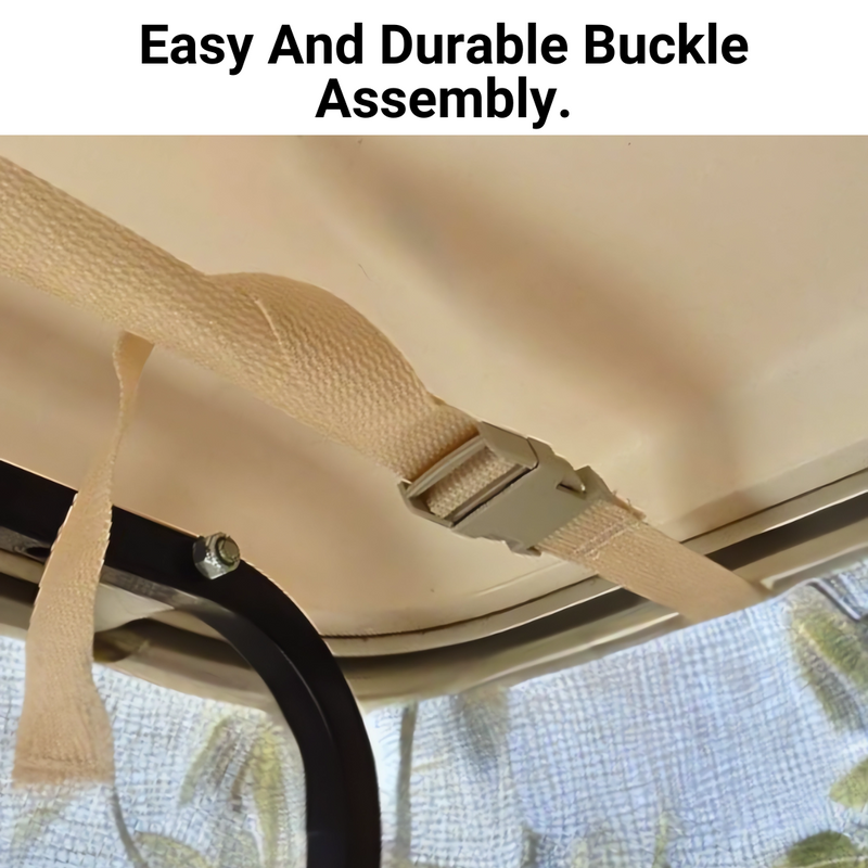 A close-up image showcasing the Formosa Covers Golf Cart Sun Shade UV Mesh Top Cover For 80" Long Roof in beige, highlighting its strap and durable buckle assembly attached to a vehicle's ceiling frame. The background reveals partially visible palm trees outside a window. Text at the top reads, "Easy And Durable Buckle Assembly with UV Protection.