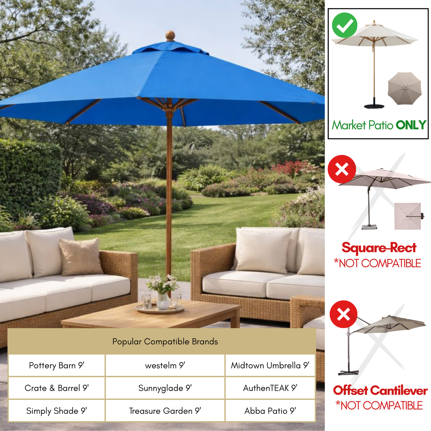 9ft Market Patio Umbrella 6 Rib Replacement Canopy Capri Blue Olefin - Formosa Covers