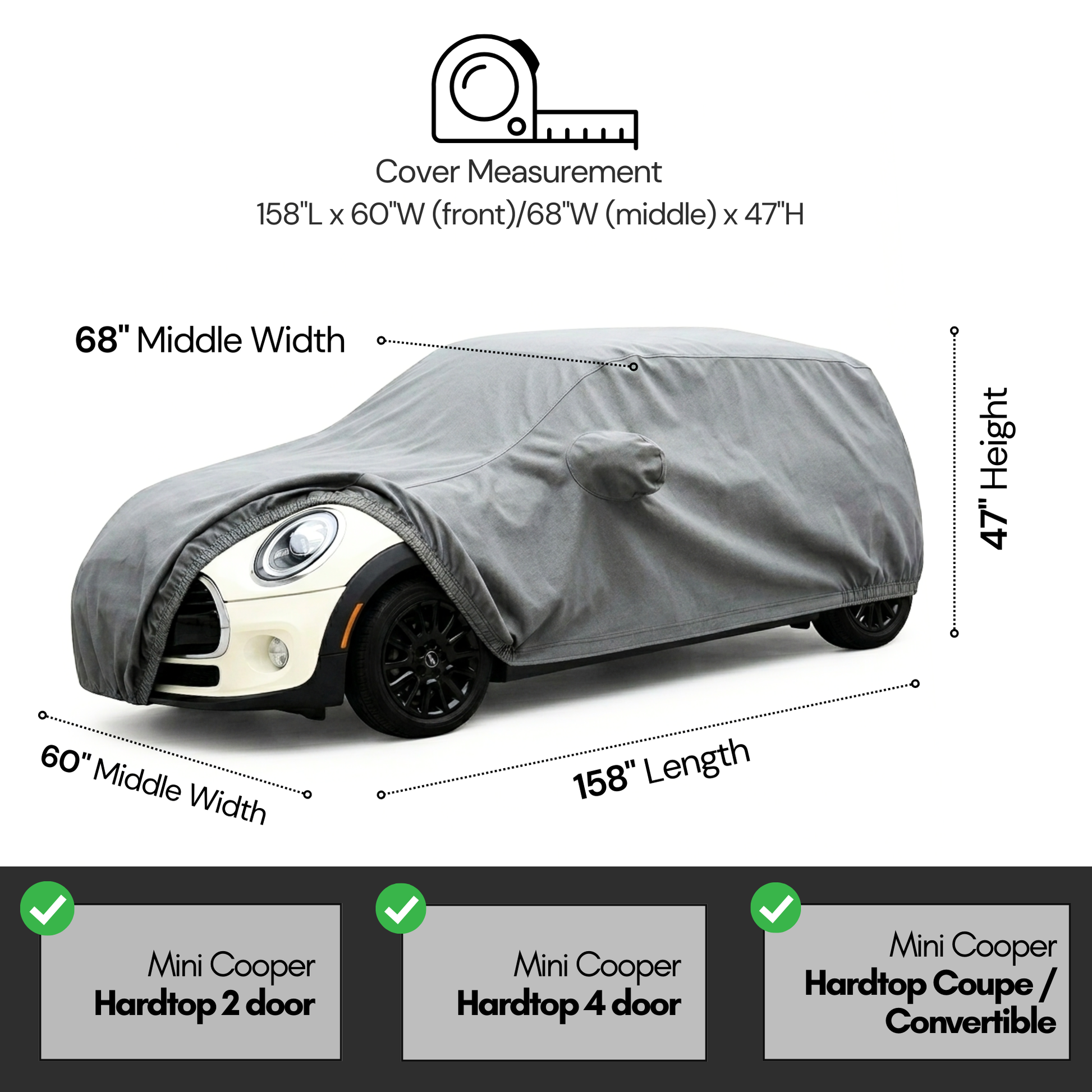 Car Cover for Mini Cooper Hardtop 2 Door and 4 Door, Convertible, Coupe, fits up to 158"L