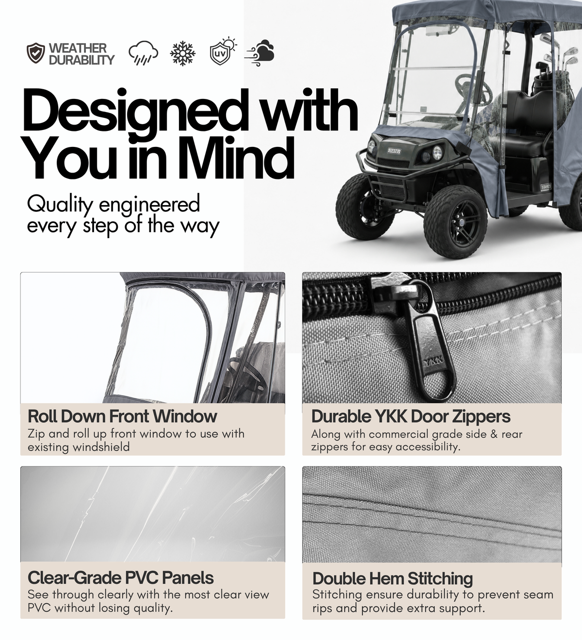 2+2 Passenger Golf Cart Driving Enclosure Cover (4 Passenger Short Roof 58") Grey - Formosa Covers