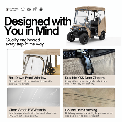2 Passenger Driveable Golf Cart Enclosure Golf Cart Rain Cover YKK Door Zippers - Taupe