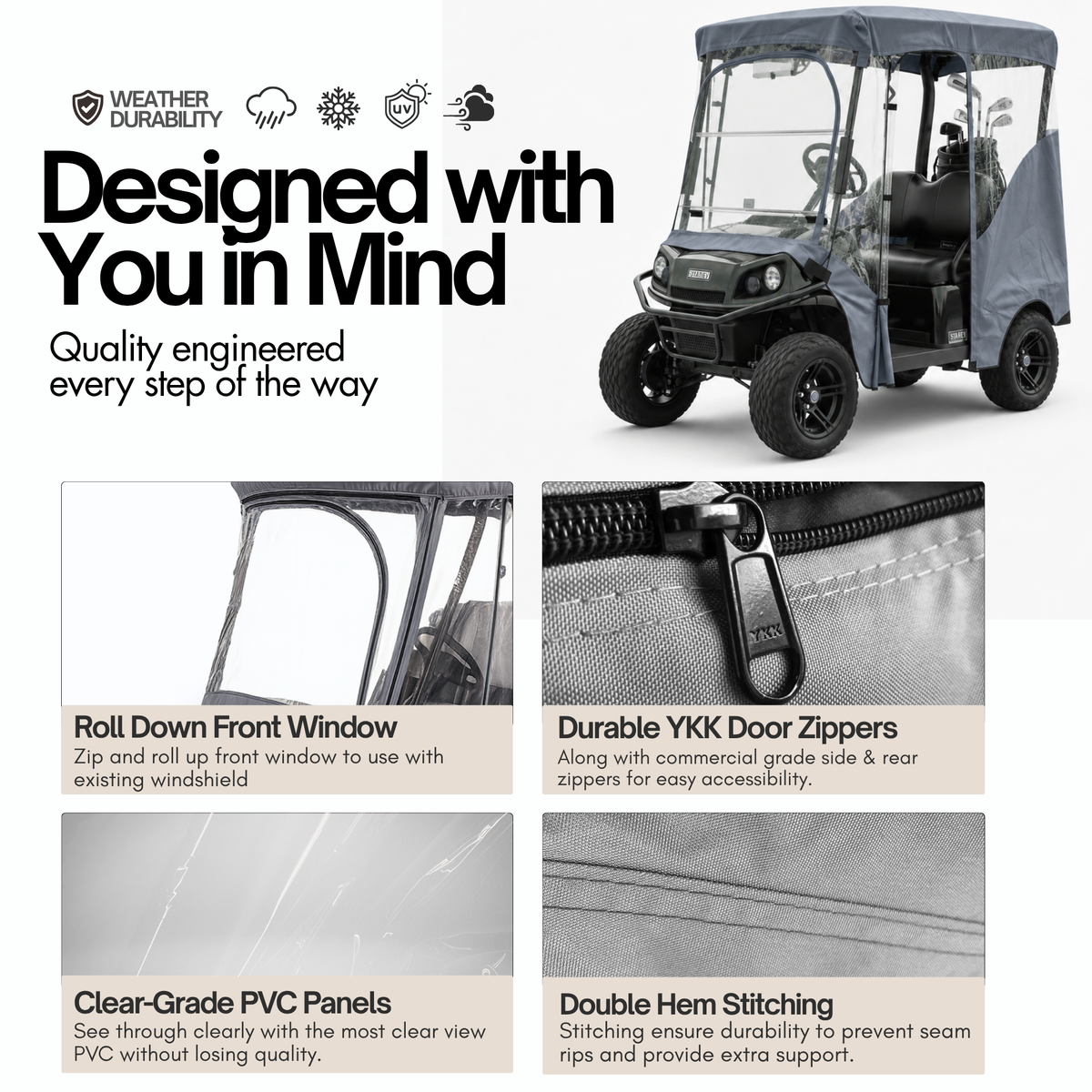 2 Passenger Driveable Golf Cart Enclosure Golf Cart Rain Cover YKK Door Zippers - Grey