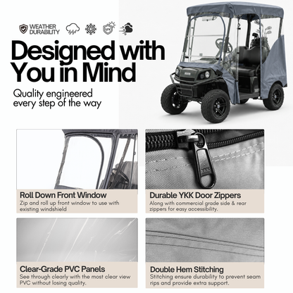 2 Passenger Driveable Golf Cart Enclosure Golf Cart Rain Cover YKK Door Zippers - Grey