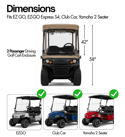 2 Passenger Driveable Golf Cart Enclosure Golf Cart Rain Cover YKK Door Zippers - Taupe
