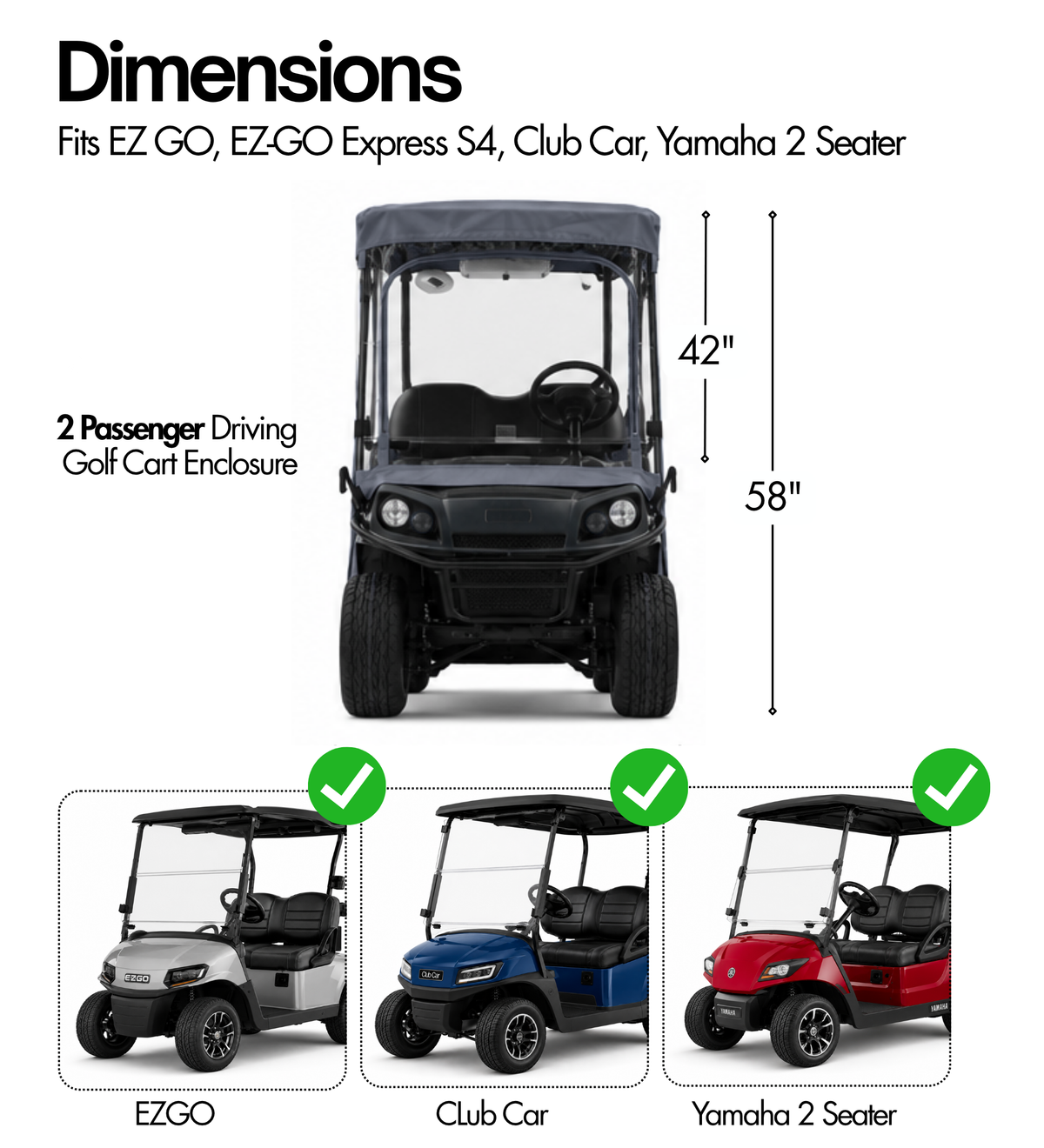 2 Passenger Driveable Golf Cart Enclosure Golf Cart Rain Cover YKK Door Zippers - Grey