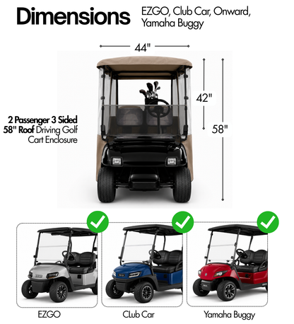 EZGO 2 Passenger Golf Cart Enclosure — 3 Sided for Windshield Carts, Taupe