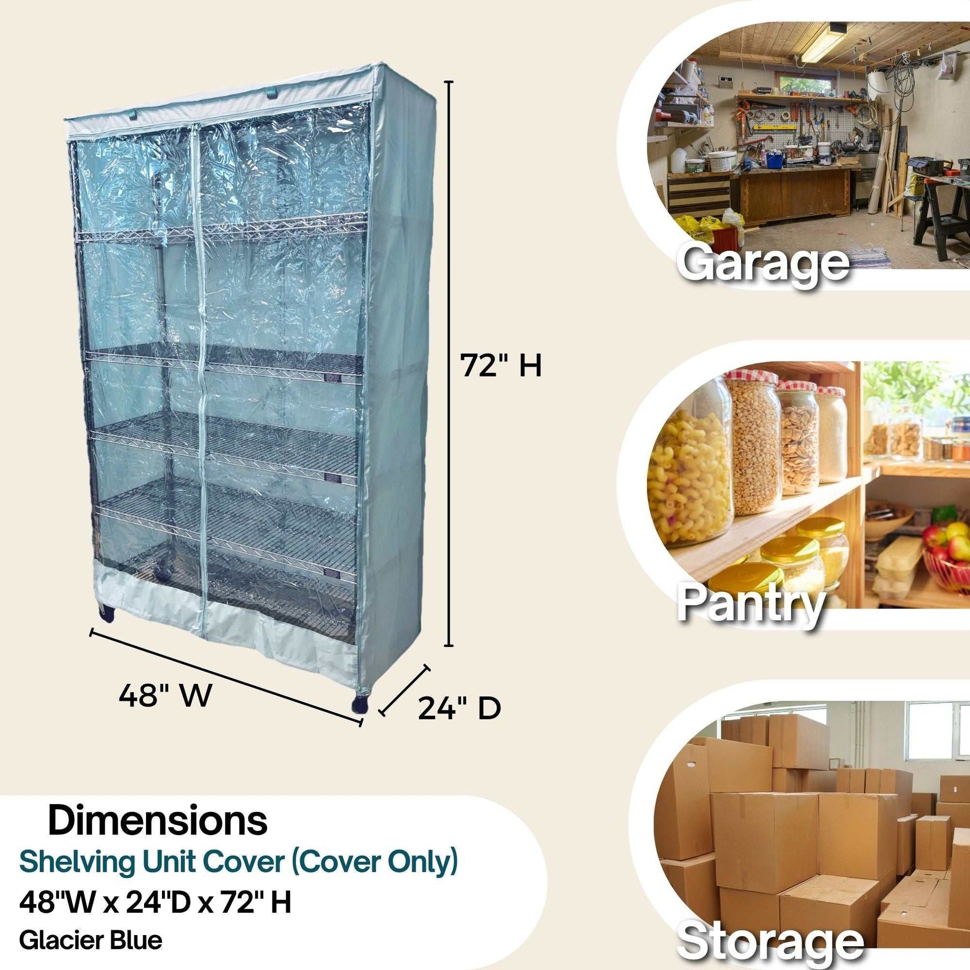 Storage Shelving Unit Cover, fits racks 48"W x 24"D x 72"H one side see through panel in Glacier Blue
