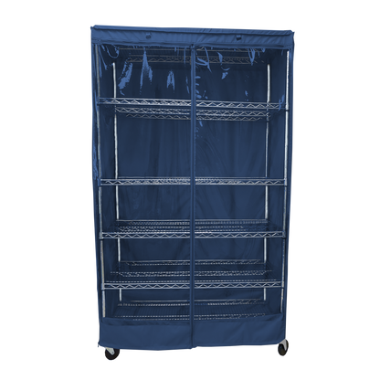 Storage shelving unit cover in dusty blue with clear panel, fits 36"W x 18"D x 72"H racks.