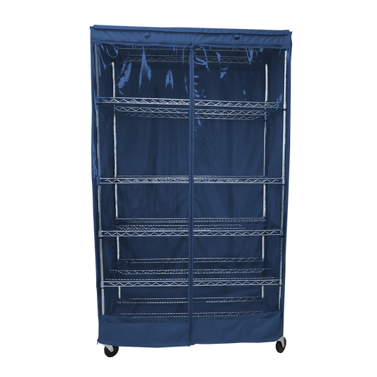 Storage shelving unit cover in dusty blue with clear panel, fits 36"W x 18"D x 72"H racks.