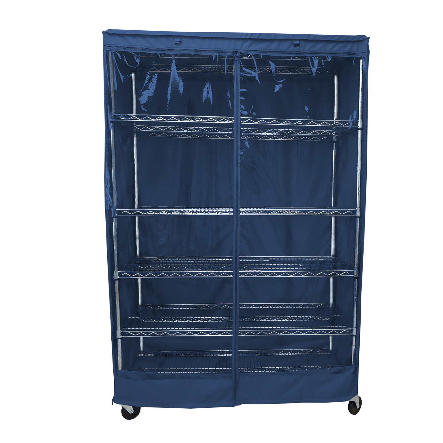 Storage shelving unit cover in dusty blue with clear PVC panel, fits 48"W x 24"D x 72"H racks, front panel with Velcro tags, water repellent, four corner zippers.