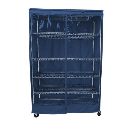 Storage shelving unit cover in dusty blue with clear PVC panel, fits 48"W x 24"D x 72"H racks, front panel with Velcro tags, water repellent, four corner zippers.