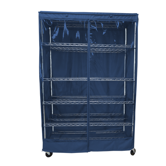 Storage shelving unit cover in dusty blue with clear PVC panel, fits 48"W x 24"D x 72"H racks, front panel with Velcro tags, water repellent, four corner zippers.