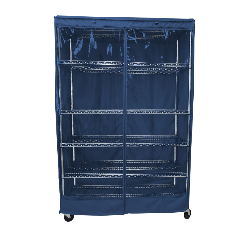 Storage shelving unit cover in dusty blue with clear PVC panel, fits 48"W x 24"D x 72"H racks, front panel with Velcro tags, water repellent, four corner zippers.