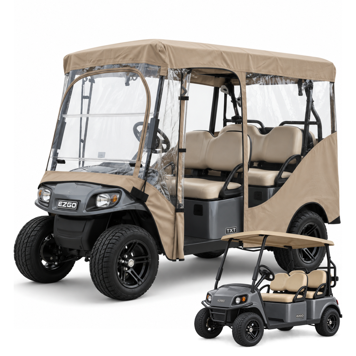 A black EZGO TXi golf cart shown with a beige canopy cover and clear side windows, plus a smaller inset view of the cart without the cover on a light gray background.