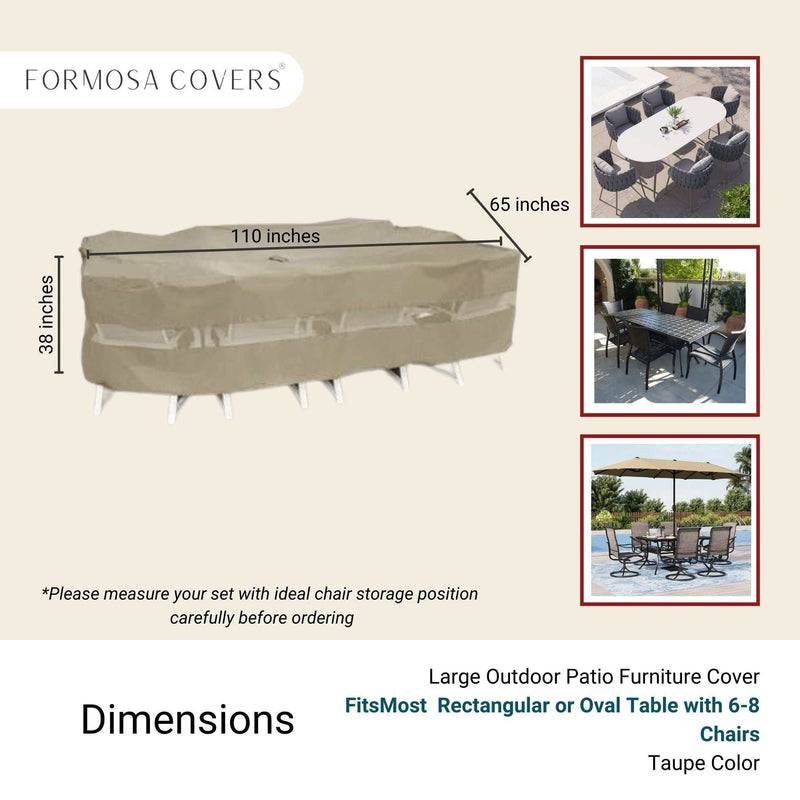 An illustration showcasing the Formosa Covers Patio Set Cover For Oval or Rectangular Table in Classic Taupe, made from water-resistant polyester with dimensions of 110 inches in length, 65 inches in width, and 38 inches in height. It fits dining sets with 6-8 chairs around a rectangular or oval table. Smaller images display three covered tables for patio furniture protection.