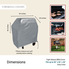 An image showcasing a Formosa Covers BBQ Outdoor Grill Cover made of waterproof grey vinyl. The main picture shows the cover with dimensions 36 inches long, 26 inches deep, and 46 inches high. Side images display covered and grilling BBQs. Text reads, 