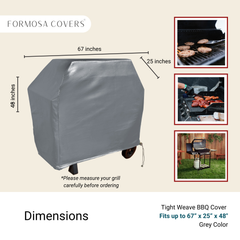 The Formosa Covers BBQ Outdoor Grill Cover in grey vinyl provides heavy-duty protection for your grill with its tight weave. Measuring 67 inches wide, 48 inches tall, and 26 inches deep, this cover ensures comprehensive coverage. Images on the right depict barbecue food and the grill in action, highlighting the need to carefully measure your grill before ordering for all-weather protection.