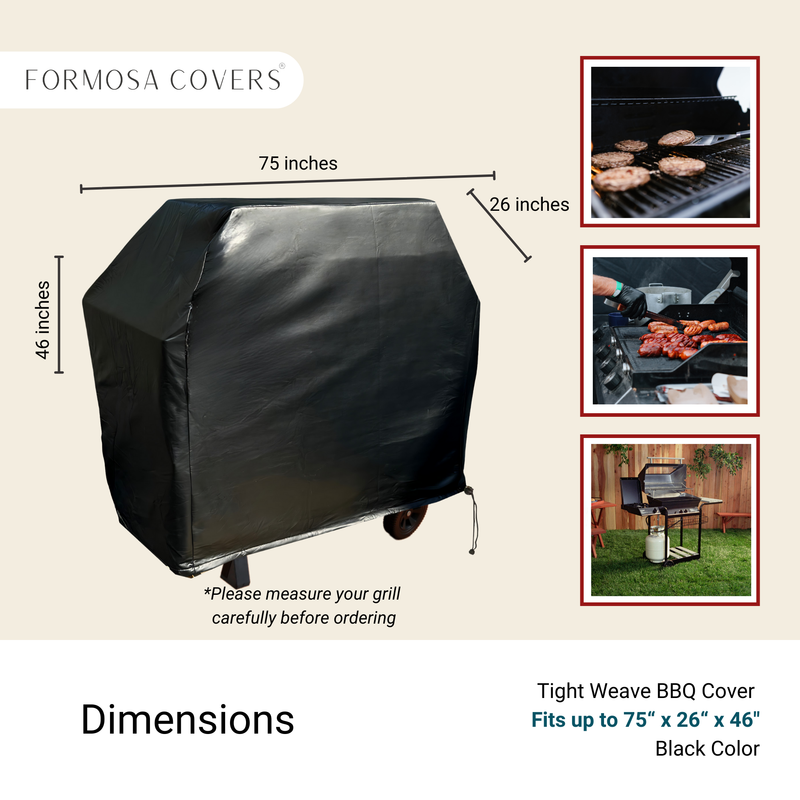 The Formosa Covers BBQ Outdoor Grill Cover, sized at 75"L x 26"D x 48"H in black vinyl, offers heavy-duty coverage and all-weather protection for grills up to these dimensions. The cover is showcased on a grill, with insets displaying food grilling and an outdoor setup. Measuring your grill before ordering is recommended according to the instructions.