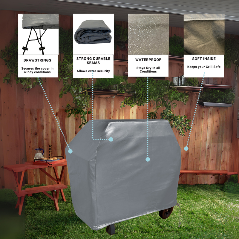 A backyard image features the BBQ Outdoor Grill Cover 67"L x 26"D x 48"H in grey vinyl by Formosa Covers. Text bubbles highlight its features: "DRAWSTRINGS: Secures the cover in windy conditions," "STRONG DURABLE SEAMS: Allows extra security," "WATERPROOF: Stays dry in all conditions," and "SOFT INSIDE: Keeps your grill safe.